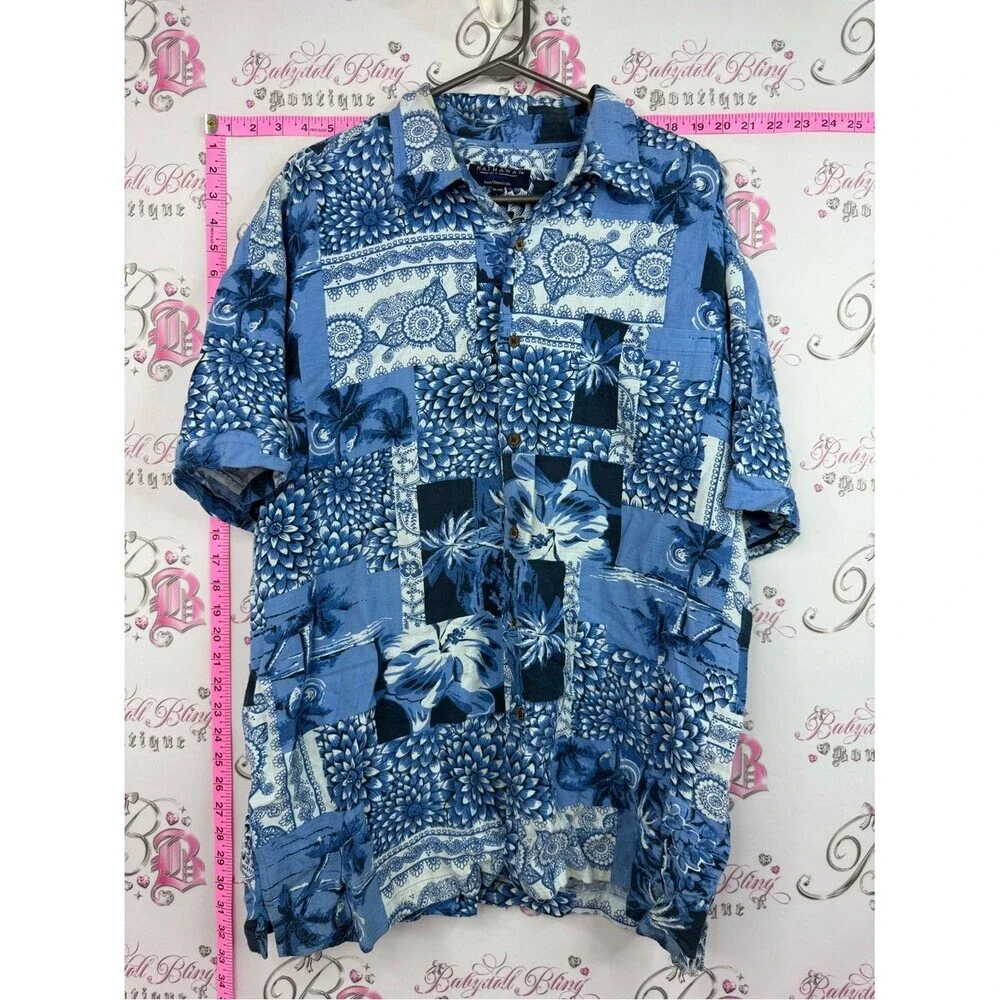Hathaway shirt tropical palm Blue Patchwork Floral Short-Sleeve Button Down